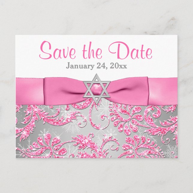 Cartão Postal De Anúncio Winter Wonderland Bat Mitzvah Save the Date Card (Frente)