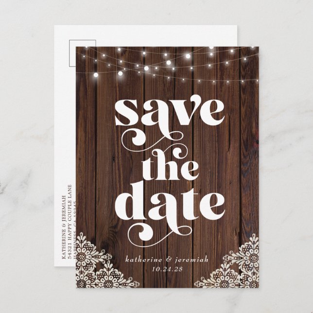 Cartão Postal De Anúncio Wood String Lights Lace Weding Date (Salvar data) (Frente/Verso)