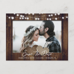 Cartão Postal De Anúncio Wood String Lights Photo Save The Date Postcard