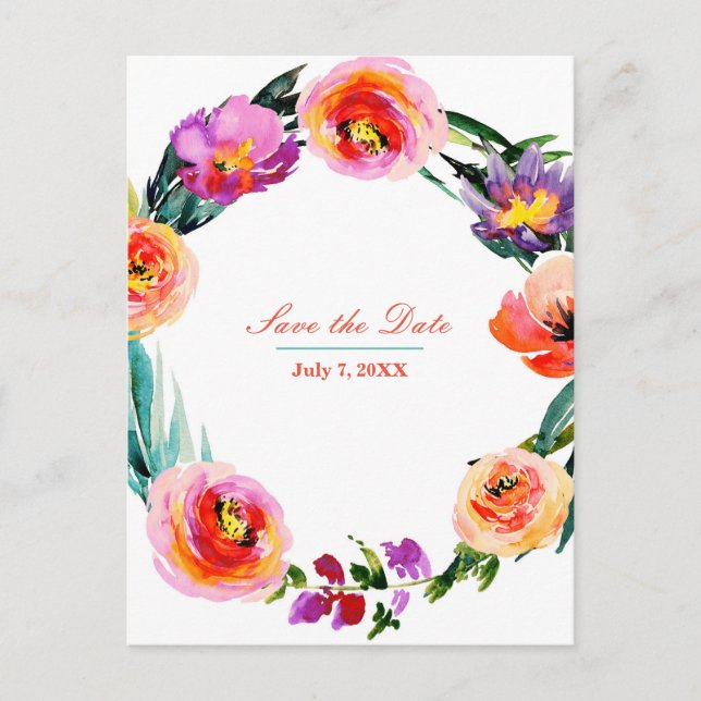 Cartão Postal De Anúncio Wreath Floral Brilhante Aquarela Salva a Data (Frente)