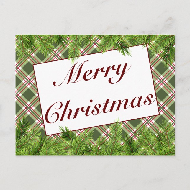 Cartão Postal De Anúncio Xadrez Verde Vermelho & Pinheiro Feliz Natal (Frente)