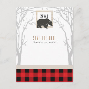 Cartão Postal De Anúncio Xadrez Vermelha do Urso Rústico Casamento Salva a 
