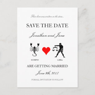 Cartão Postal De Anúncio Zodiac Salvar a Data (Scorpio/Libra) Branco