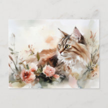 Cartão Postal de Aquarela de Gato