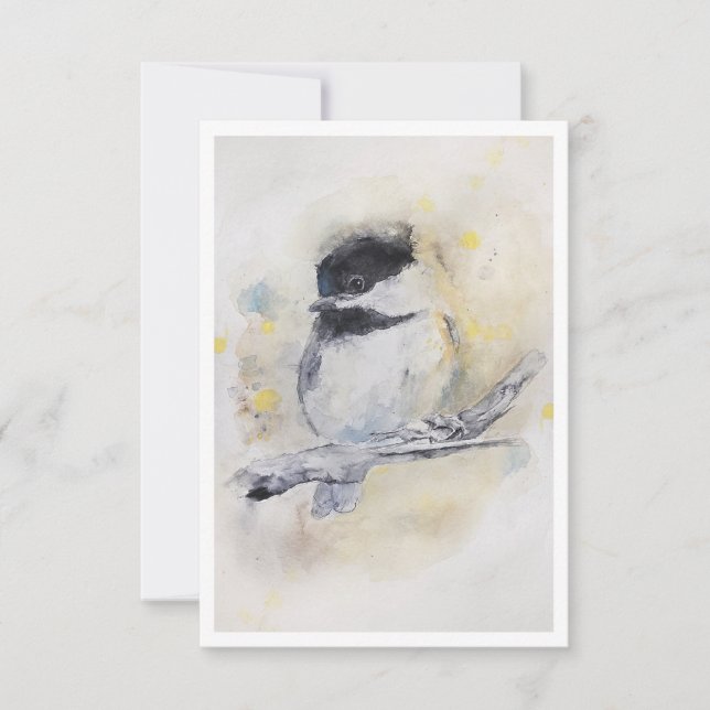 Cartão Postal de Aquarela do Chapim-de-cabeça-pret (Frente)