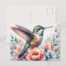 Cartão Postal de Aquarela Floral Beija-Flor Verde