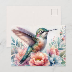 Cartão Postal de Aquarela Floral Beija-Flor Verde