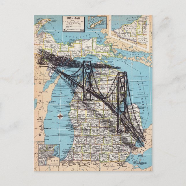 Cartão postal de arte de mapa de Michigan (verso a (Frente)
