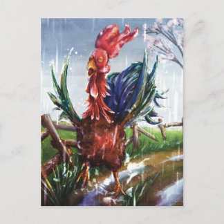 Cartão postal de arte de um galo colorido na chuva