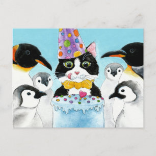 Cartão postal de bolo de aniversário de pinguins g