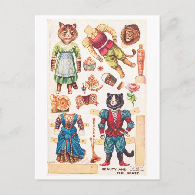 Cartão Postal de Boneca de Papel Antiga--Gato Bela (Frente)
