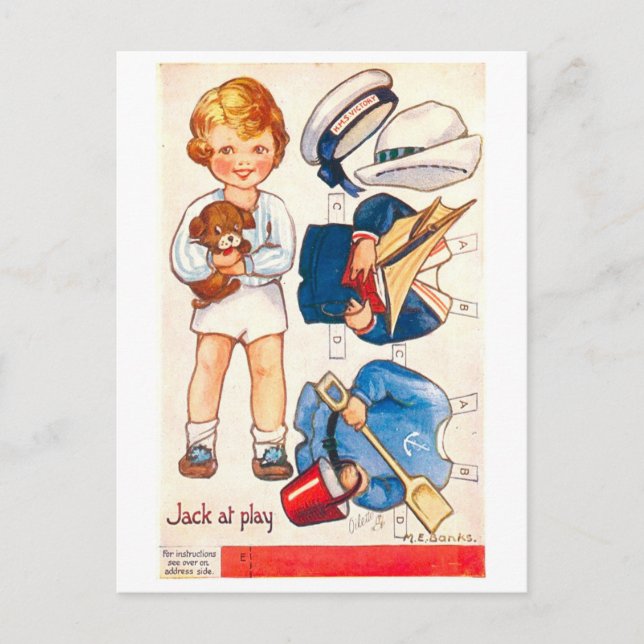 Cartão postal de boneca de papel retrô--Jack em aç (Frente)