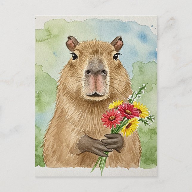 Cartão postal de capivara fofa com flores (Frente)