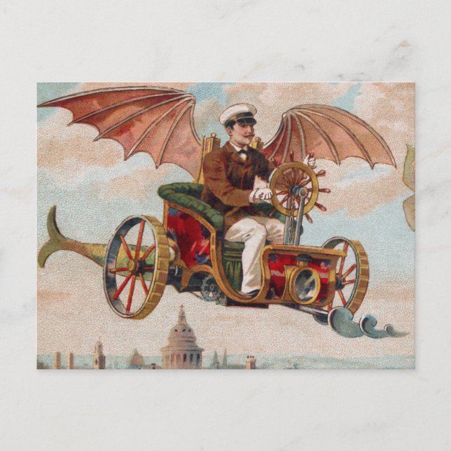 Cartão Postal de Carro Steampunk Voador (Frente)