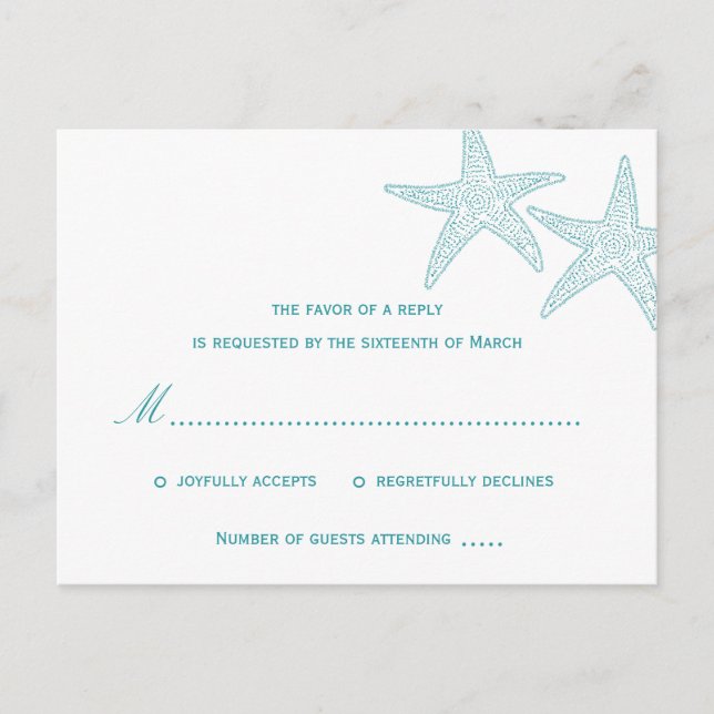Cartão postal de casamento de Starfish RSVP - Turq (Frente)