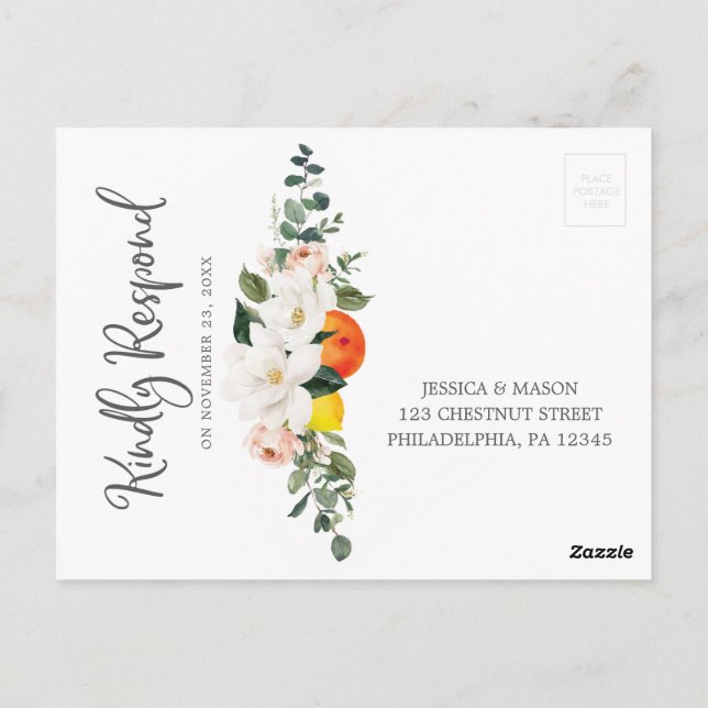 Cartão postal de Casamento Floral de Magnolia Citr (Verso)