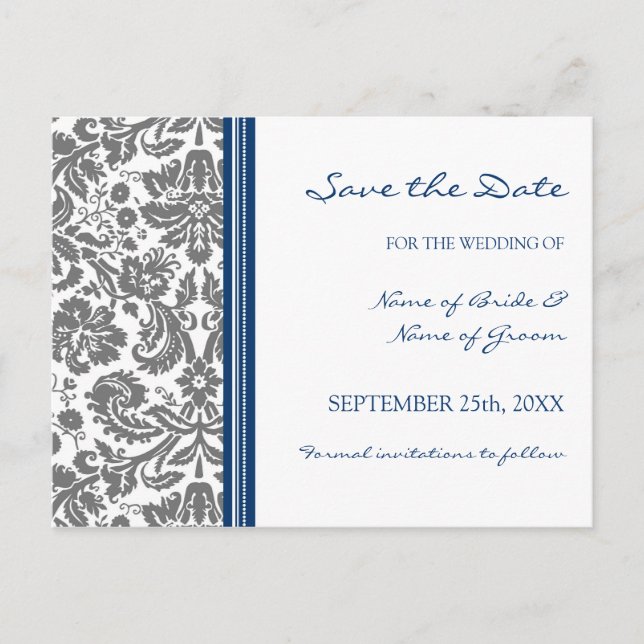 Cartão postal de casamento Grey Blue Damask Save t (Frente)