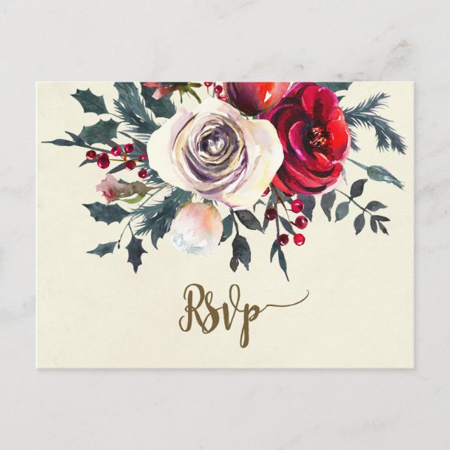cartão postal de casamento rsvp de inverno floral (Frente)