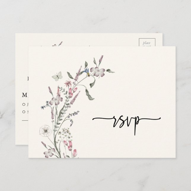Cartão postal de casamento RSVP Floral (Frente/Verso)