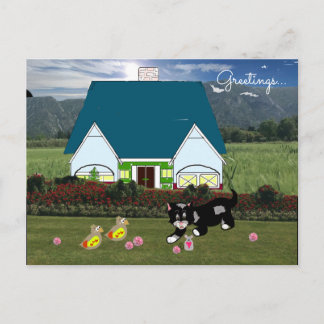 Cartão postal de cena de casas com animais