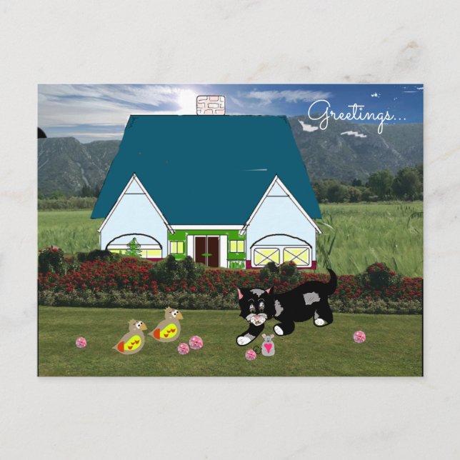Cartão postal de cena de casas com animais (Frente)