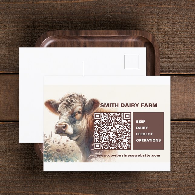Cartão postal de Código QR de Empresa de Vaca (Cow Business QR Code Postcard (front and back))