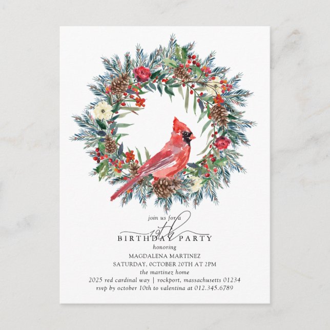 Cartão Postal De Convite 19th Birthday Party Red Cardinal Wreath (Frente)