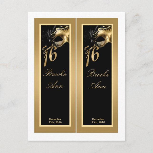 Cartão Postal De Convite 2 Book Marks Sweet 16 Dourado Black Party (Frente)