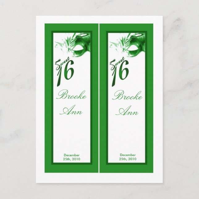 Cartão Postal De Convite 2 Book Marks Sweet 16 Green Party (Frente)