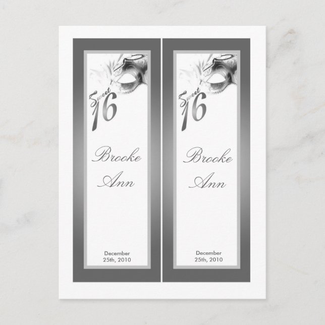Cartão Postal De Convite 2 Book Marks Sweet 16 White Silver Party (Frente)