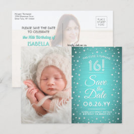Cartão Postal De Convite 2 Foto Doce 16 Aniversário Azul Salva a Data