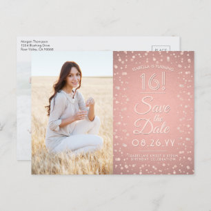 Cartão Postal De Convite 2 Photo Sweet 16 Save the Date Rosa Glitter (Dimin