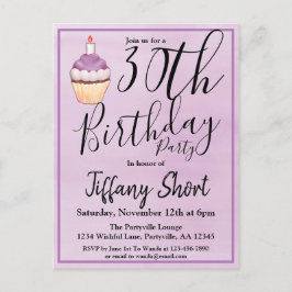 Cartão Postal De Convite 30 Purple Watercolor Cupcake Birthday