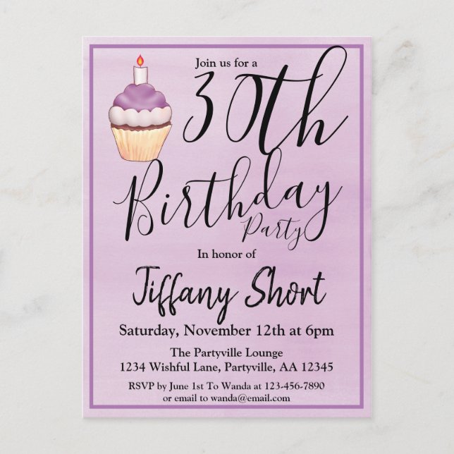 Cartão Postal De Convite 30 Purple Watercolor Cupcake Birthday (Frente)
