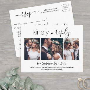 Cartão Postal De Convite 3 Foto Simples Script Elegant Wedding Kindly RSVP