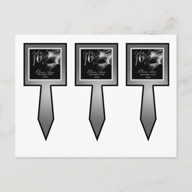 Cartão Postal De Convite 3 Taças Picks Doce 16 Festa Negra Prateada (Frente)