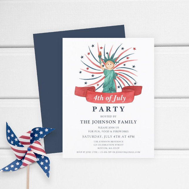 Cartão Postal De Convite 4 De Julho, Festa Patriótica De Liberdade (4th Of July Party Cute Patriotic Statue Of Liberty Invitation Postcard)