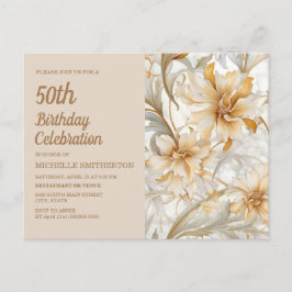 Cartão Postal De Convite 50º aniversário da mulher Dourada Beige Floral
