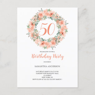 Cartão Postal De Convite 50º Aniversário Peach Watercolor Floral