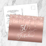 Cartão Postal De Convite 50 e Festa de aniversário brilhante Dourada e fabu<br><div class="desc">Quic 50º convite postal de festa de aniversário. "50 & Fabuloso" é escrito em um script branco elegante contra um fundo rosa dourado e o brilho do falso rosa dourado está caindo do topo. Personalize facilmente com seu nome e com os detalhes da quinquagésima festa de aniversário no sentido inverso....</div>