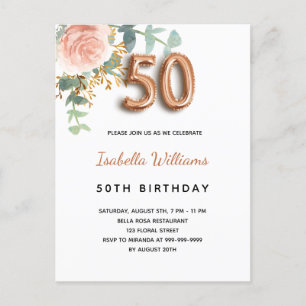 Cartão Postal De Convite 50.o aniversário de ouro floral rosa eucalipto ver