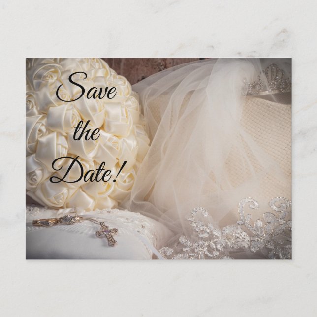 Cartão Postal De Convite 5882-Buquê c/anéis, Cruz, Véu (Frente)