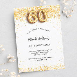 Cartão Postal De Convite 60º aniversário, dourado branco confetti elegante