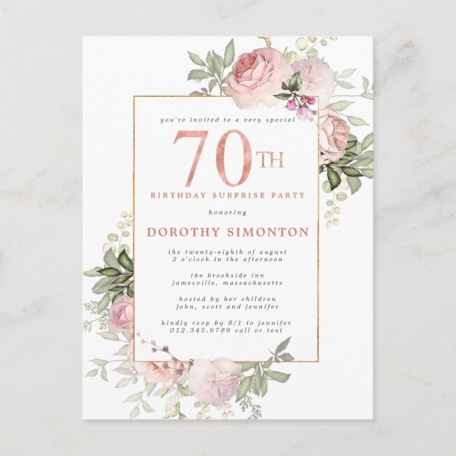 Cartão Postal De Convite 70 Birthday Surprise Party Rosa Rosa Floral (Frente)