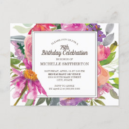 Cartão Postal De Convite 75.º aniversário da Mulher Floral Púrpura Rosa