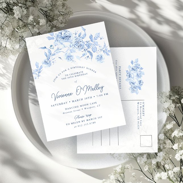 Cartão Postal De Convite 90 Birthday Janta Party Blue Floral (Criador carregado)