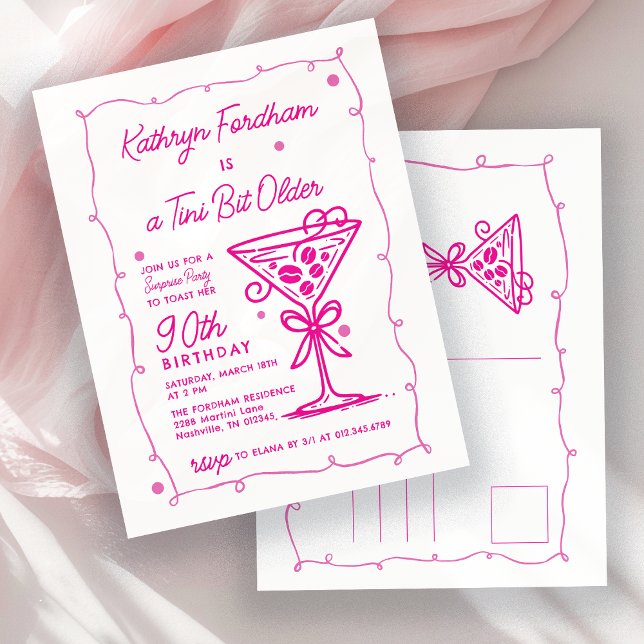 Cartão Postal De Convite 90 de Aniversário do PARTIDO SURPRESA Doodle Rosa  (Criador carregado)