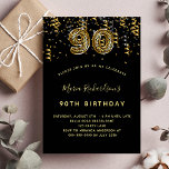 Cartão Postal De Convite 90th birthday black gold leopard print<br><div class="desc">A modern,  stylish and glamorous invitation for a 90th birthday party. A black background,  decorated with confetti.  The name is written with a modern hand lettered style script.  Personalize and add your party details.  Number 90 is written with a trendy balloon style font,  leopard pattern.</div>