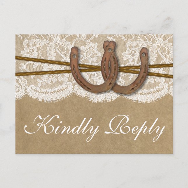Cartão Postal De Convite A Coleção Kraft, Lace & Horseshoe RSVP (Frente)