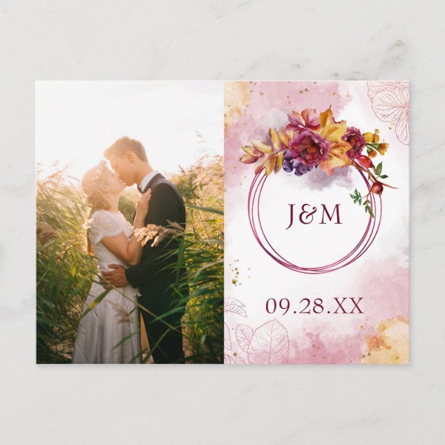 Cartão Postal De Convite A Queda Moderna Deixa Marsala Foto Salvar Data (Frente)